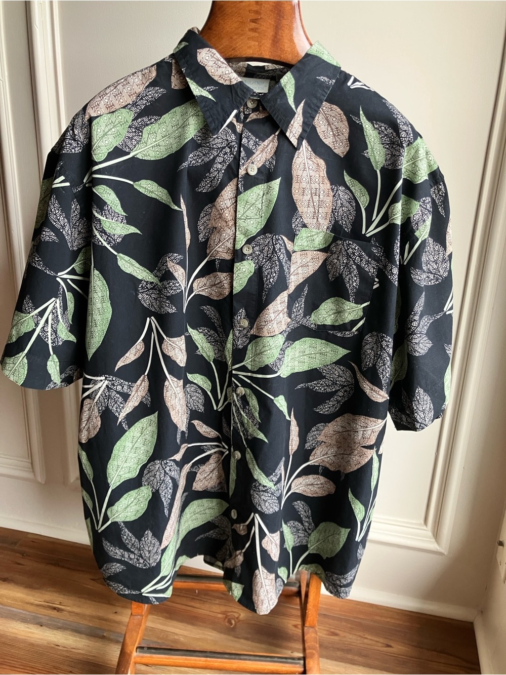 Island Shores Mens XXL Hawaiian Shirt Black Green Tropical Leaf Cotton Aloha Y2K